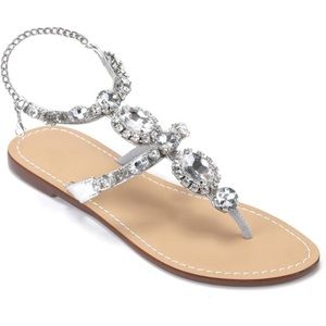 Rhinestone Gladiator Sandals Flat Silver Gem Sandals
